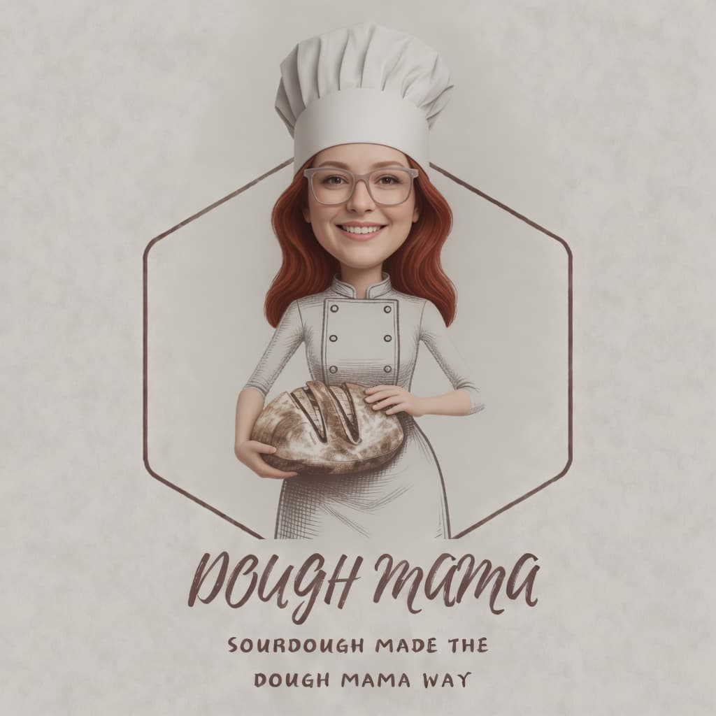 Megan, the baker behind Dough Mama, in a chef's hat holding a fresh sourdough loaf