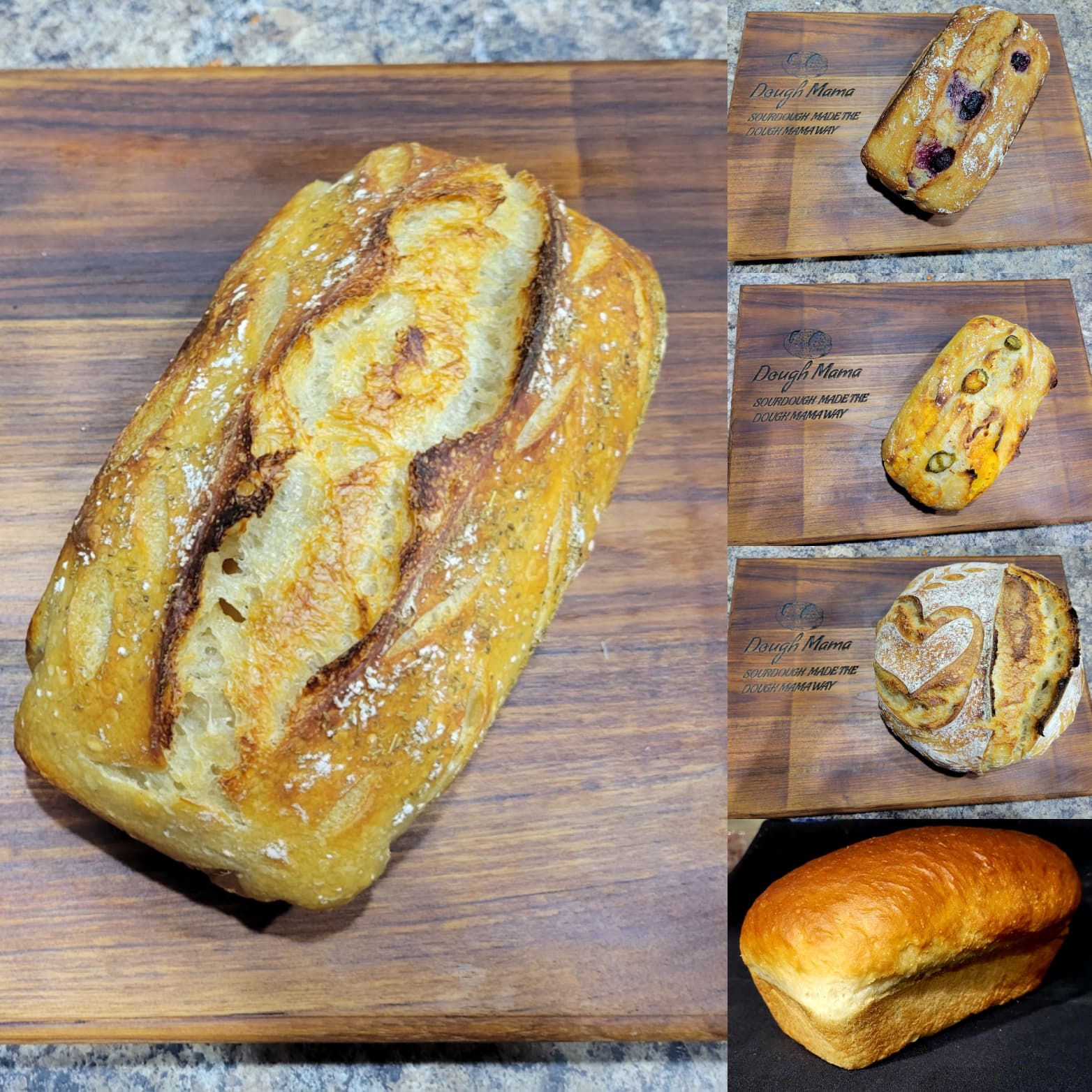 Three traditional sourdough loaves, wheat-scored, on a granite surface
